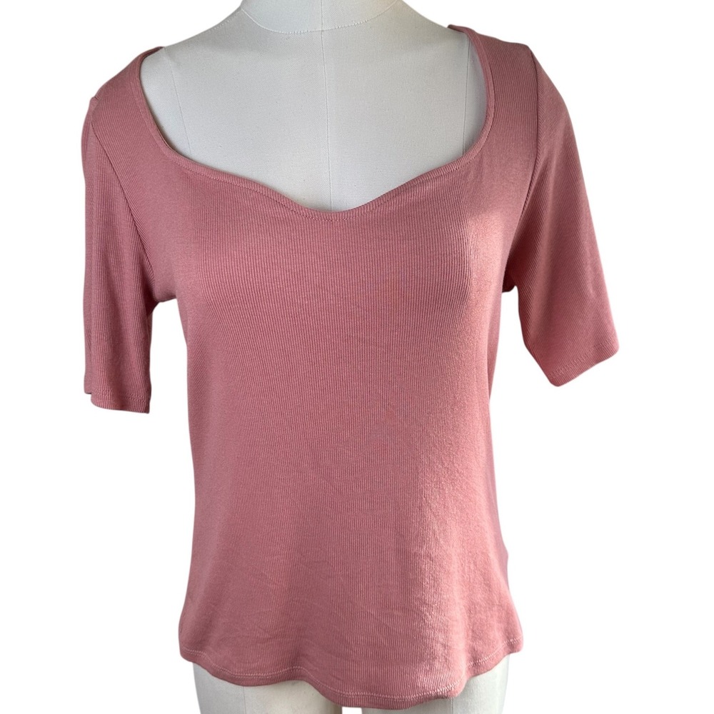 Rachel Roy Pink Ribbed Sweetheart Neckline‎ Short Sleeve Top Womens Large